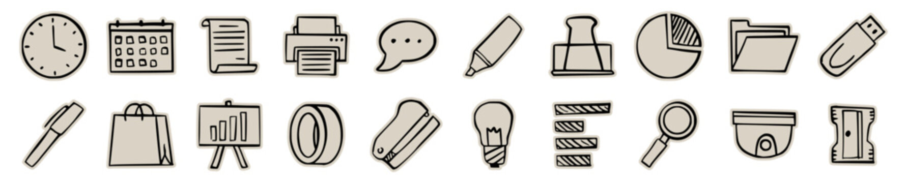 Office supplies and business icons scrapbook, doodle, sticker, collage: hand drawn illustration of stationery, clock, calendar, printer, chart, and office tools for productivity, work, study, planner