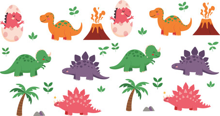 Cute cartoon dinosaur and volcano clipart set with baby dino, palm trees and prehistoric elements for kids illustration and education design © Sumon Creative