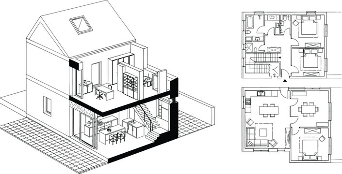 Technical architectural vector featuring a 3D cutaway section of a two-story home with integrated office and living plans.