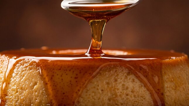 Detalhe extremo de pudim brasileiro cremoso com calda de caramelo brilhante escorrendo em c&acirc;mera lenta, texturas suaves e reflexos dourados, luz suave de topo, cores intensas, est&eacute;tica sensorial apeti