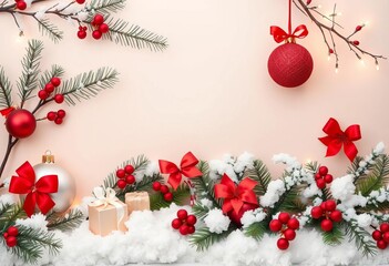 Elegant minimalist winter scene with festive ornaments and foliage,  snowflake,  winter wonderland