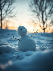 Melted snowman's form a ghostly whisper against pale dawn light, low angle, soft focus,  texture,  minimalist