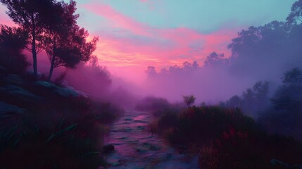 Cinematic view of a mystical foggy valley 