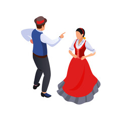Isometric Spanish Dancing People in Traditional Clothes. Vector 3d flat illustration
