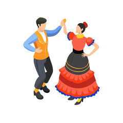 Isometric Spanish Dancing People in Traditional Clothes. Vector 3d flat illustration
