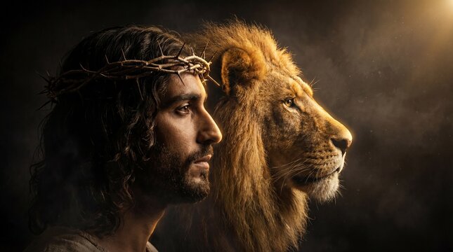 Retrato perfil dram&aacute;tico de Jesus com coroa de espinhos ao lado de le&atilde;o dourado imponente, olhares pr&oacute;ximos em confronto simb&oacute;lico, fundo escuro com fuma&ccedil;a e raios de luz celestial