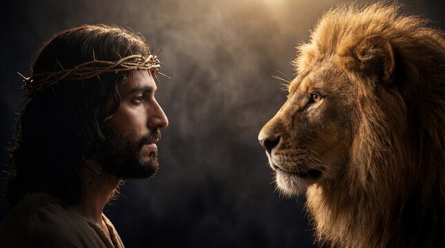 Retrato dram&aacute;tico de Jesus com coroa de espinhos olhando intensamente para um majestoso le&atilde;o dourado, fundo escuro com fuma&ccedil;a e raios de luz divina, composi&ccedil;&atilde;o simb&oacute;lica ultracinematogr&aacute;fica em 4K