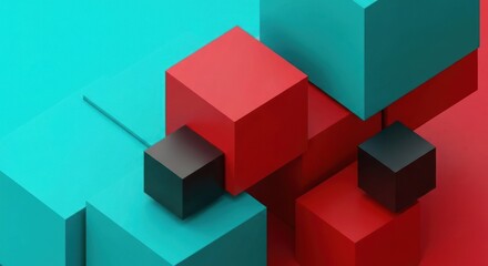 Obraz premium Abstract composition of stacked 3D cubes in vibrant red and teal