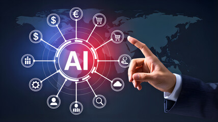 Fototapeta premium Hand Interacting with AI Interface Displaying Global Connections and Financial Symbols