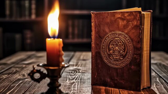Old Leather Bound Book and Flickering Candle Flame on Wooden Table in Distant Library Setting. Seamless looping 4k video background 