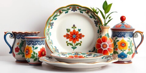 Elegant Italian ceramic decorative set, featuring vibrant colors and intricate designs, ceramic, art