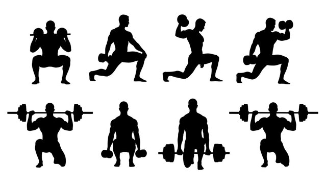 Silhouette of a man performing various weightlifting exercises with dumbbells and barbells