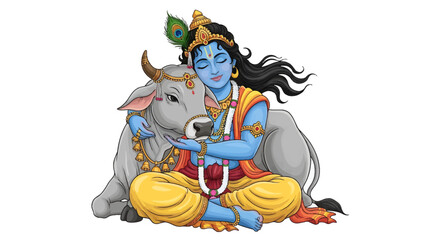 Naklejka premium Lord krishna affectionately hugging gentle sacred cow illustration representing pastoral bliss and spiritual affection on white background