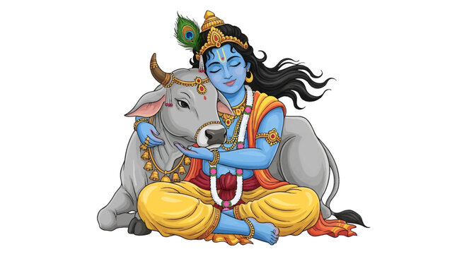 Lord krishna affectionately hugging gentle sacred cow illustration representing pastoral bliss and spiritual affection on white background