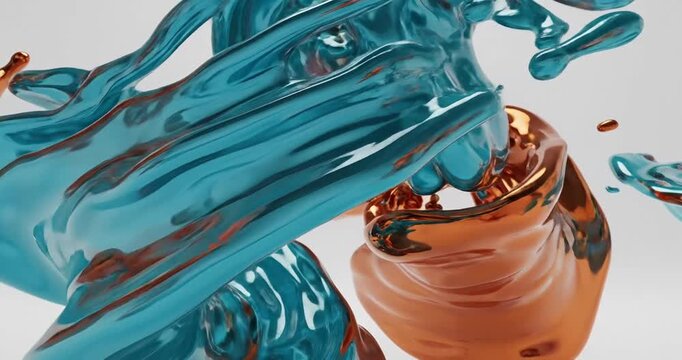 Blue and copper liquid splash collision.