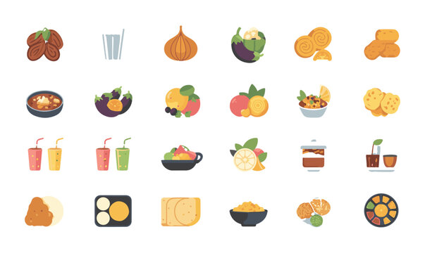 Middle eastern food and dishes for iftar suhoor color icon collection