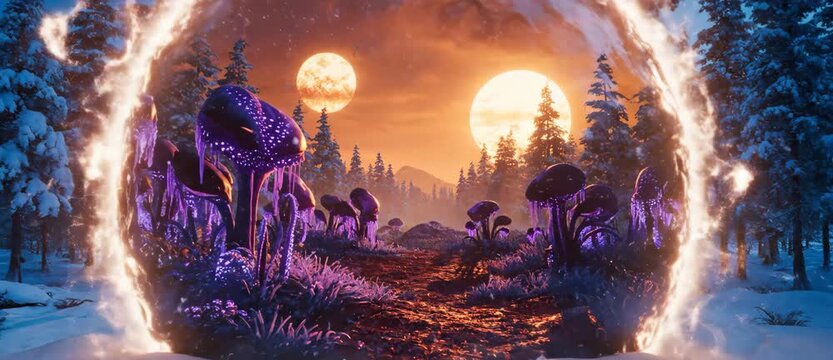 Glowing portal opening in a snowy forest revealing a fantasy landscape with giant glowing mushrooms and two suns, video