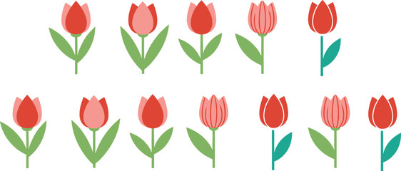 Obraz premium Flat tulip flower icon set in modern colorful styles for spring illustration, floral design, branding, wallpaper, fabric print and decoration