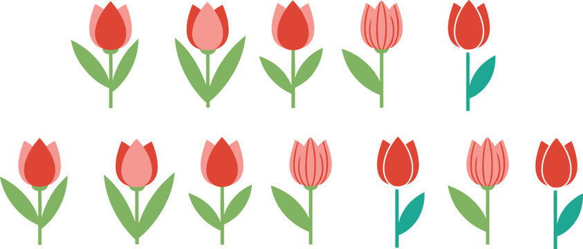 Flat tulip flower icon set in modern colorful styles for spring illustration, floral design, branding, wallpaper, fabric print and decoration