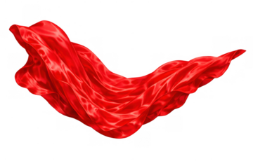 Red flowing satin fabric moving in dynamic motion. Luxurious textile symbolizing elegance, freedom, and passion on a transparent background