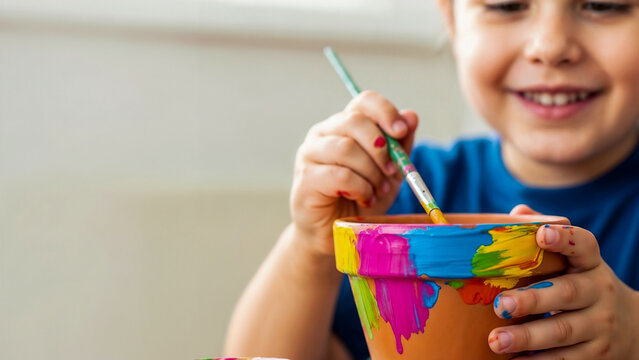 Child painting terracotta flower pot with rainbow colors &mdash; symbol of imagination and childhood expression
