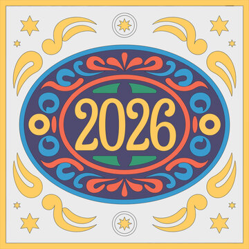 2026 Cowboy Western Style New Year Oval Belt Buckle, vintage rodeo design vector illustration for celebration, western fashion, holiday branding.