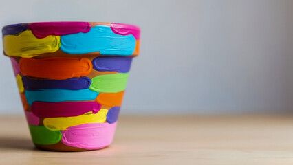 Painted terracotta flower pot with bold colorful strokes — result of child painting terracotta flower pot and symbol of playful self-expression