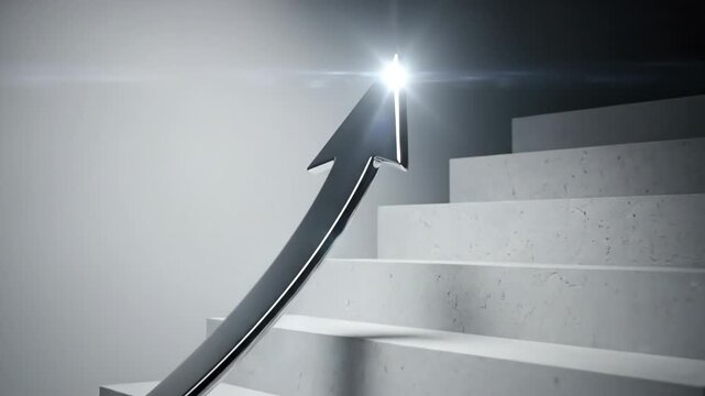 Conceptual image showing a staircase with an arrow pointing upwards, symbolizing growth and success.