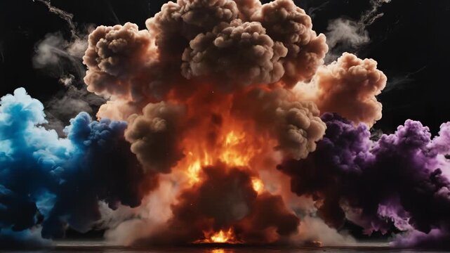 Vibrant explosion with colorful smoke clouds on dark background scene 4k video