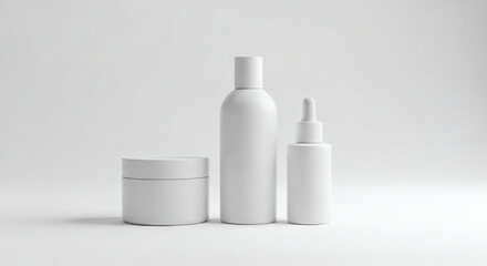 white cosmetic bottles on white background.