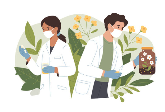 team of young scientists developing homeopathic formulations and standardizing botanical extracts during pharmaceutical laboratory research and testing process.