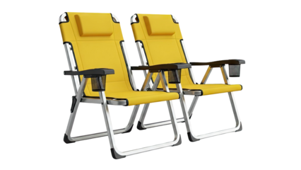 Pair of Yellow Folding Camping Chairs with Cup Holders