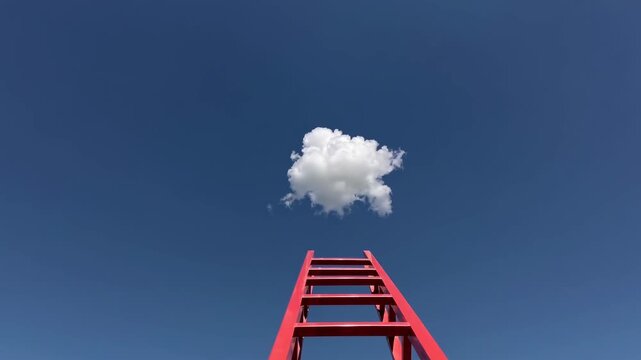 Low-angle shot of a red ladder reaching towards a single cloud in a clear blue sky, video concept. Live desktop wallpaper.