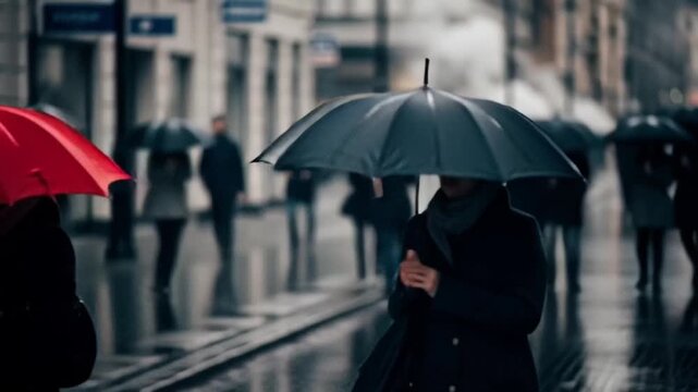 Person with Red Umbrella Standing Out in Crowd of Black Umbrellas on Rainy City Street