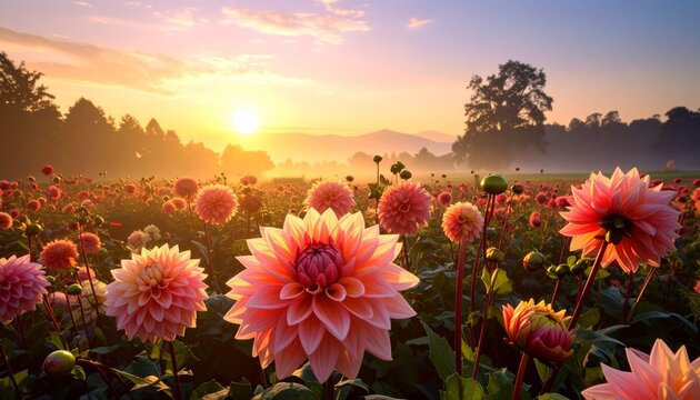 Stunning Sunrise Over a Field of Blooming Dahlias, Capturing Natures Beauty and Tranquility.