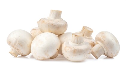 Fresh White Button Mushrooms Pile on White Background.