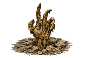 Zombie hand emerging from cracked dry ground, reaching up representing horror, death, apocalypse, game assets