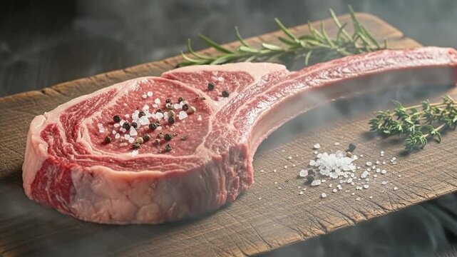 Raw tomahawk steak seasoned with salt and pepper, garnished with rosemary and thyme.