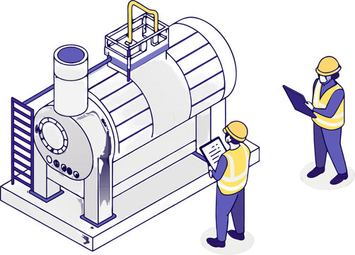 Industrial boiler cutaway illustration with inside inspection, engineers performing maintenance, factory machine workflow isometric cartoon vector.