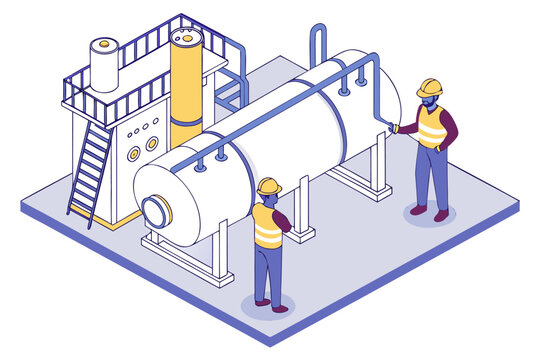Factory boiler maintenance concept showing inside machinery, engineers inspecting components, isometric cartoon vector isolated.
