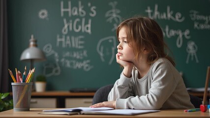 A young girl sits at a desk in a classroom, appearing bored or lost in thought. She rests her chin on her hand, looking away from her book during a study session. - Powered by Adobe