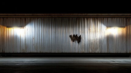 A damaged metal shipping container with a large gaping hole in its corrugated exterior wall