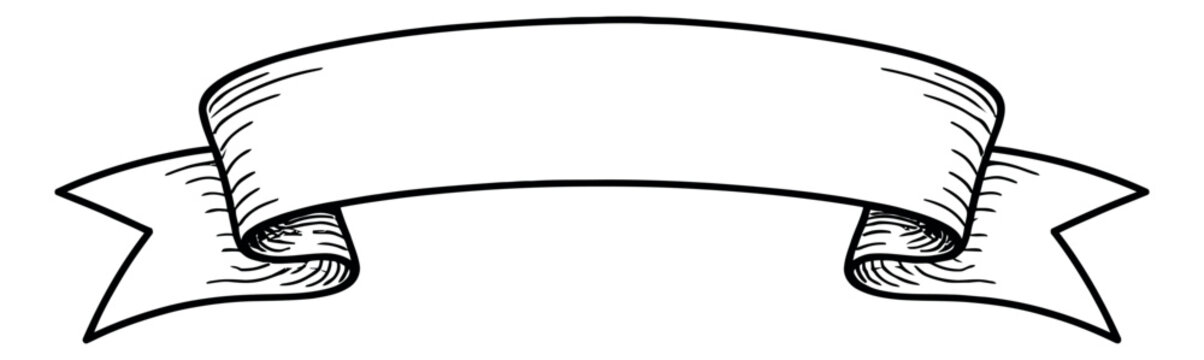 Hand drawn line art illustration of a ribbon banner depicting a blank scroll for design elements