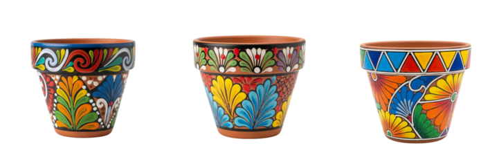 Isolated hand-painted terracotta flower pots — result of child painting terracotta flower pot and symbol of creative individuality