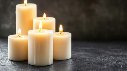 A group of plain white pillar candles with warm glowing flames burning on a dark textured surface