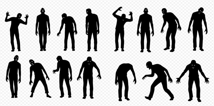 Set of black zombie silhouettes in various poses, perfect for horror-themed designs and Halloween projects.