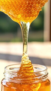 A captivating close-up shot features rich, golden honey slowly and gracefully dripping from a natural honeycomb into a clear glass jar. The thick, viscous amber liquid forms beautiful threads and gath