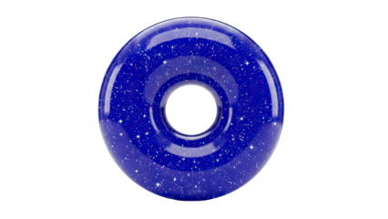 Blue donut with white speckles resembling stars on a white background