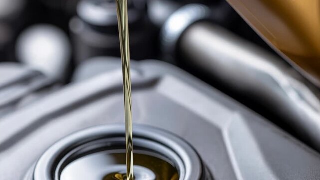 Pouring fresh golden motor oil from a bottle into a car engine during an oil change service.