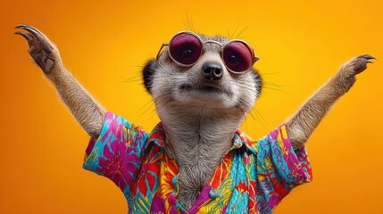 Cute funny meerkat in sunglasses and colorful shirt dancing, vibrant background summer travel vibe studio lighting copy space playful animal concept material